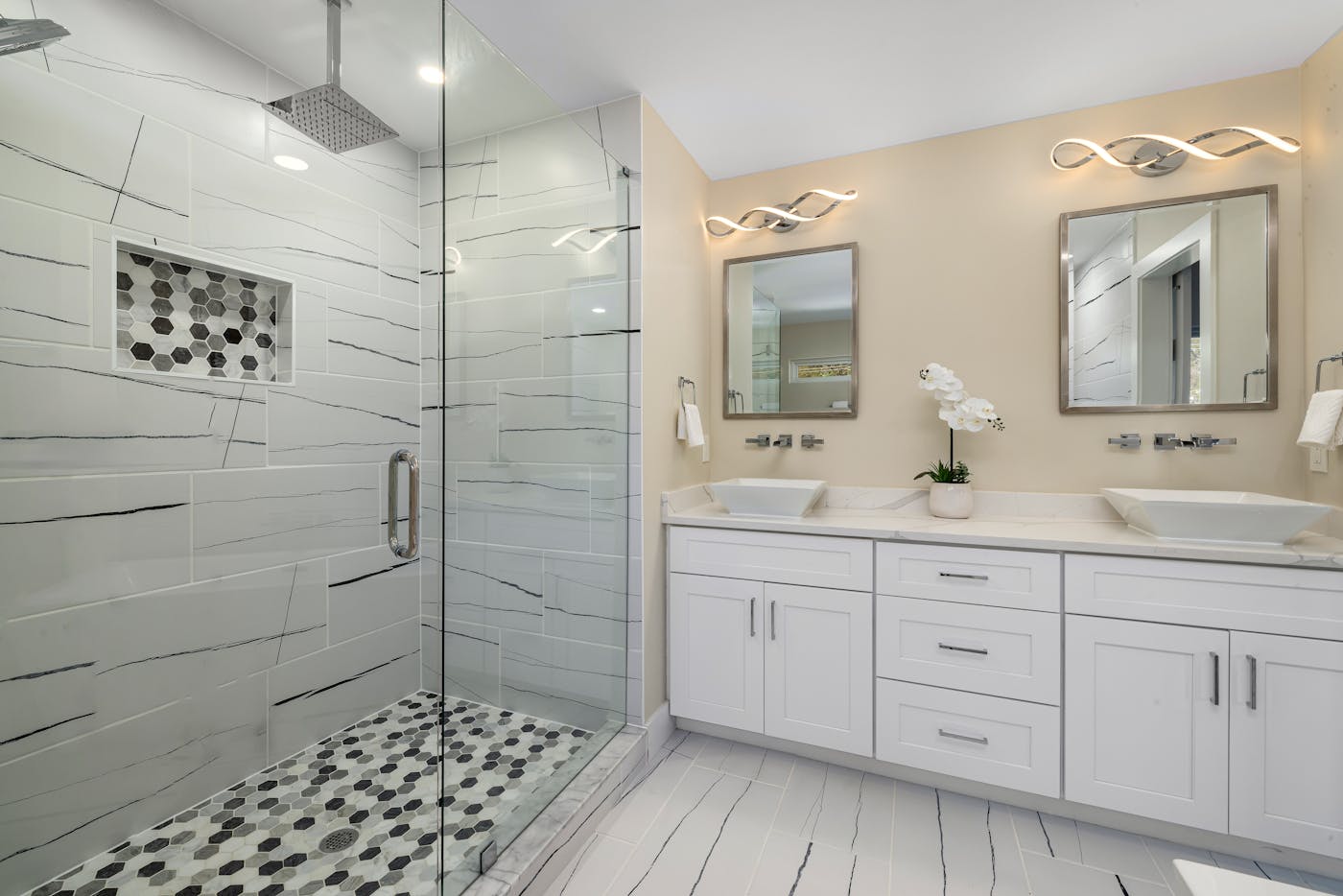 Finished bathroom remodel with clean tile and fixtures