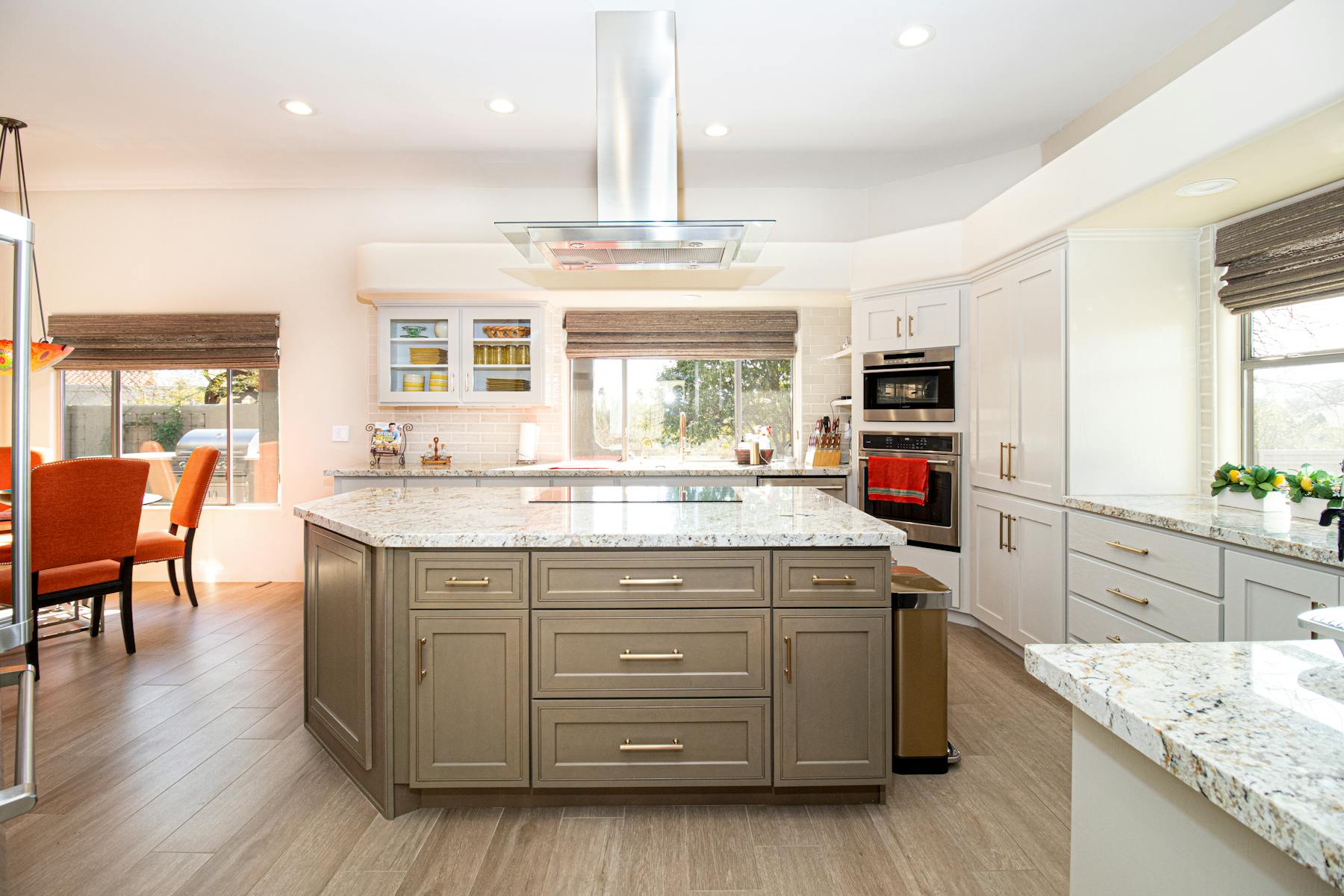 Finished remodeled living space with warm neutral materials