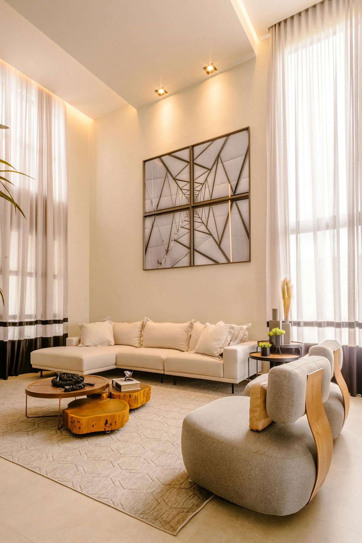Finished living room remodel with built-in storage and soft seating