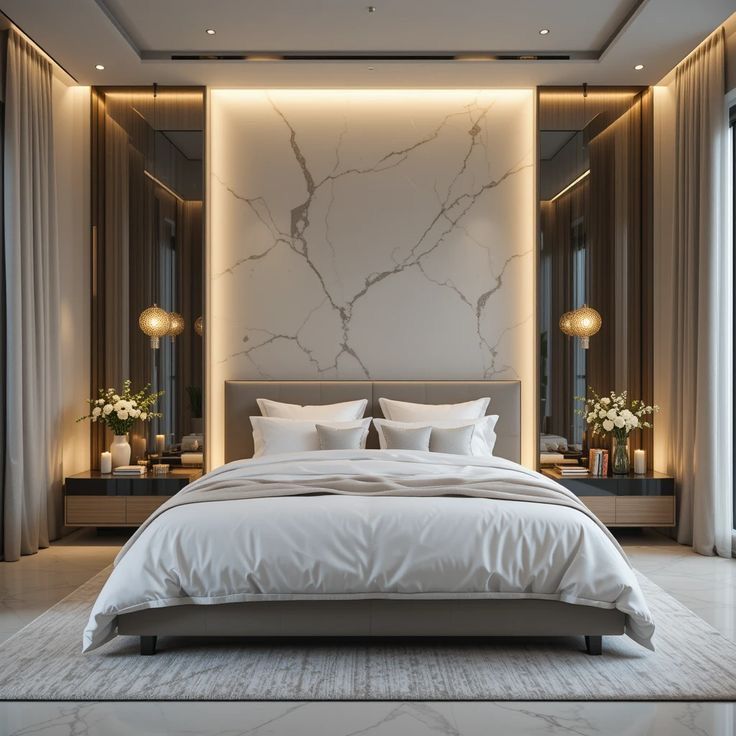 Finished bedroom bed back wall with marble detail, lighting, and soft finishes