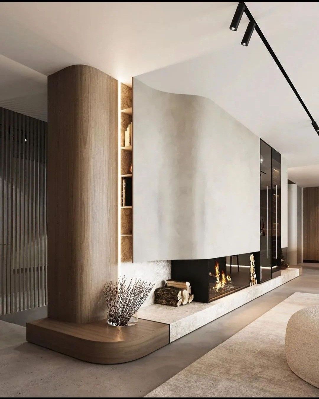 Modern fireplace wall with clean surround, lighting, and custom panel work