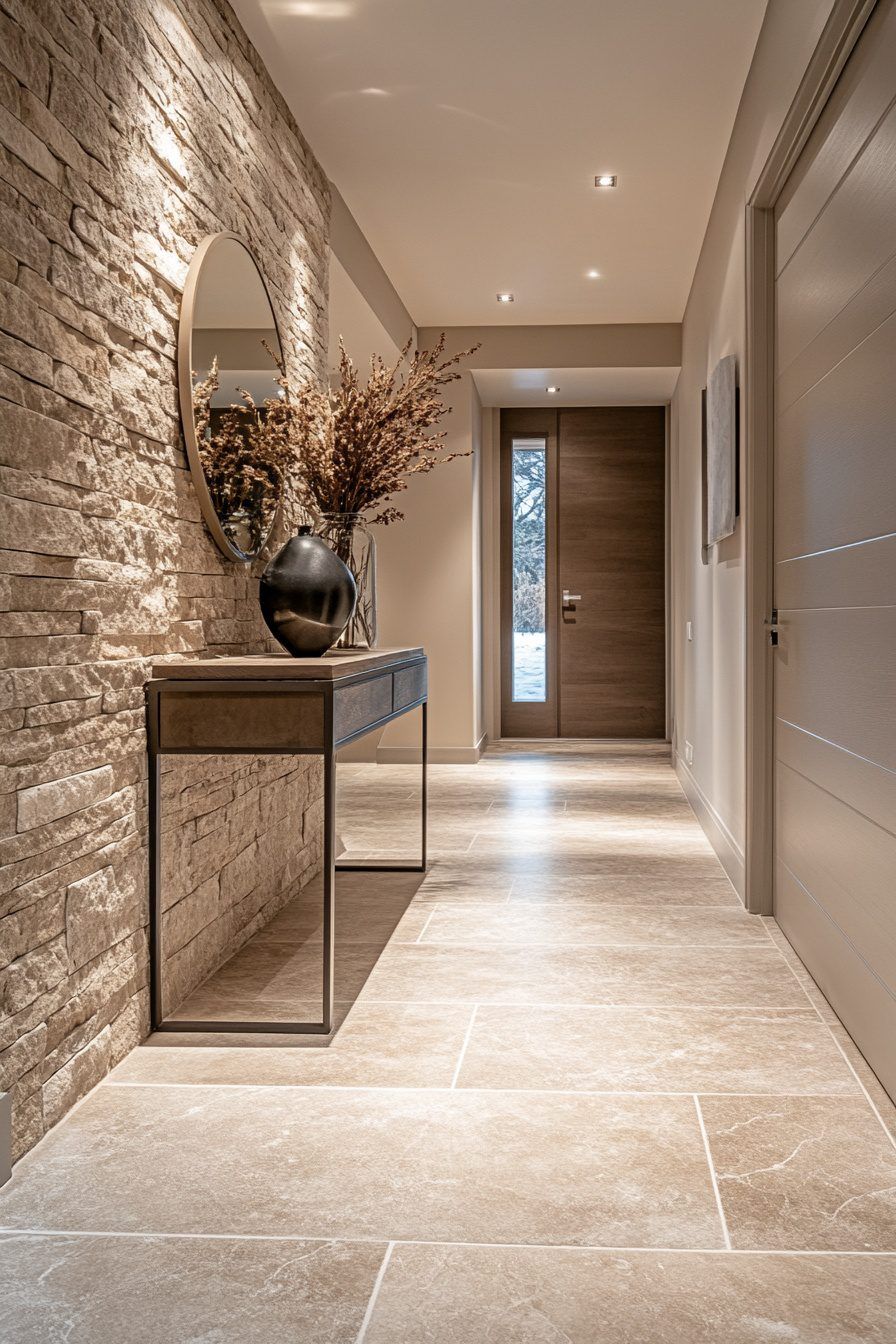 Finished hallway accent wall with stone texture, console detail, and mirror