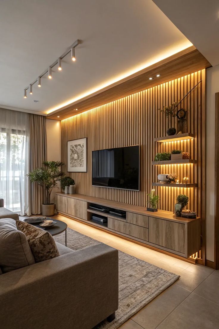 Custom TV unit with warm wall panels, shelving, and integrated storage